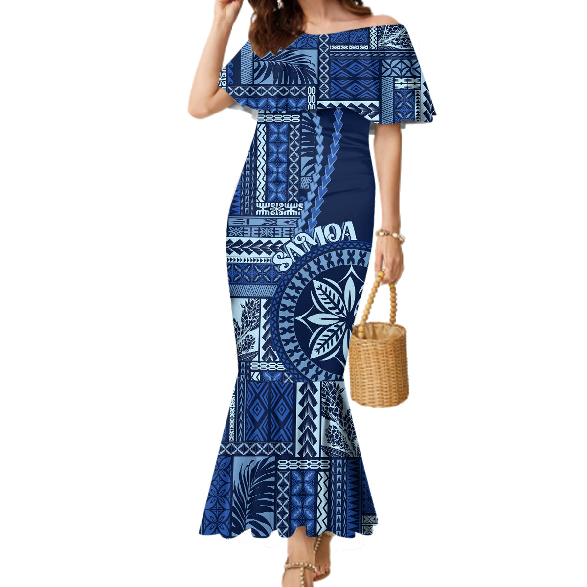 Samoa Siapo Motif Family Matching Mermaid Dress and Hawaiian Shirt Classic Style - Bue Ver LT7 - Wonder Print Shop