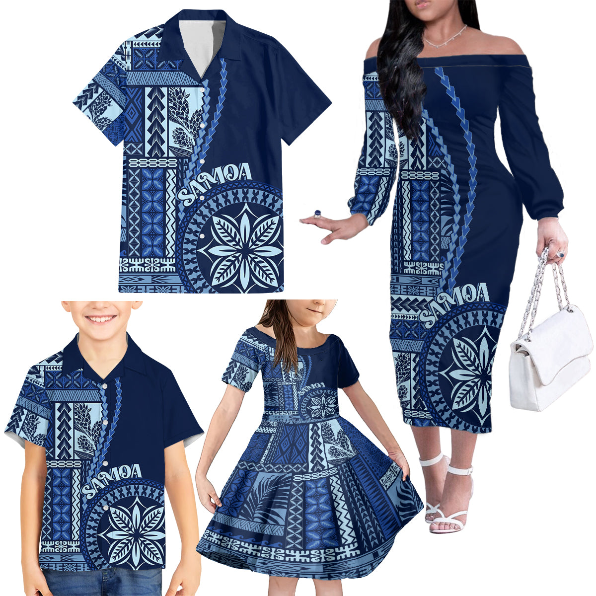 Samoa Siapo Motif Family Matching Off Shoulder Long Sleeve Dress and Hawaiian Shirt Classic Style - Bue Ver - Wonder Print Shop