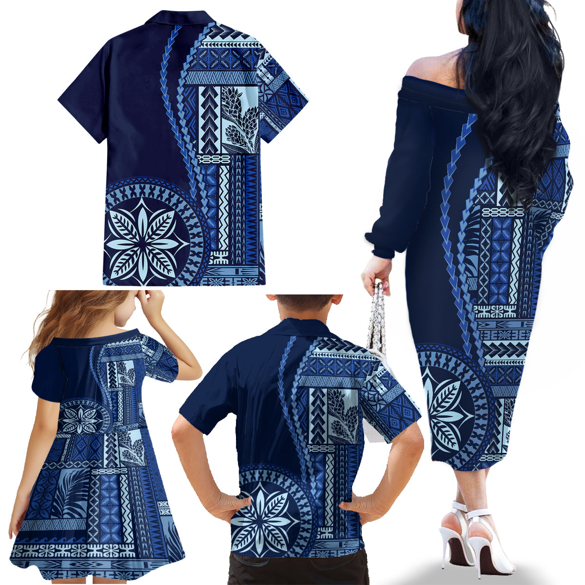Samoa Siapo Motif Family Matching Off Shoulder Long Sleeve Dress and Hawaiian Shirt Classic Style - Bue Ver - Wonder Print Shop