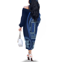 Samoa Siapo Motif Family Matching Off Shoulder Long Sleeve Dress and Hawaiian Shirt Classic Style - Bue Ver - Wonder Print Shop