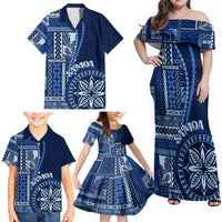 Samoa Siapo Motif Family Matching Off Shoulder Maxi Dress and Hawaiian Shirt Classic Style - Bue Ver LT7 - Wonder Print Shop