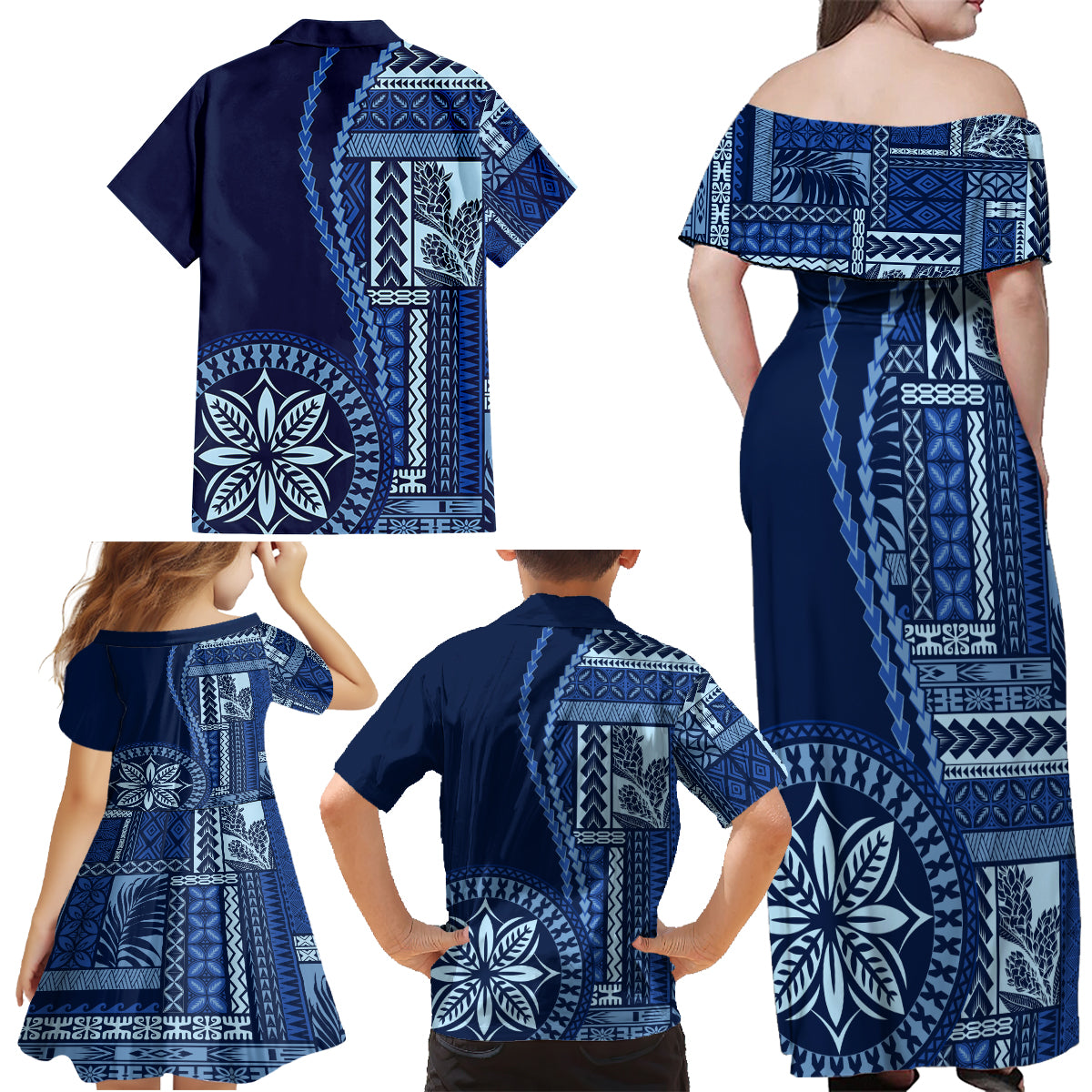 Samoa Siapo Motif Family Matching Off Shoulder Maxi Dress and Hawaiian Shirt Classic Style - Bue Ver LT7 - Wonder Print Shop