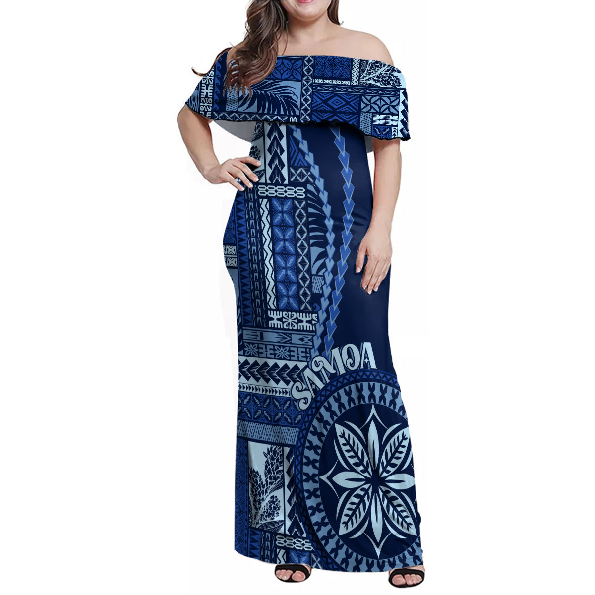Samoa Siapo Motif Family Matching Off Shoulder Maxi Dress and Hawaiian Shirt Classic Style - Bue Ver LT7 - Wonder Print Shop