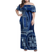 Samoa Siapo Motif Family Matching Off Shoulder Maxi Dress and Hawaiian Shirt Classic Style - Bue Ver LT7 - Wonder Print Shop