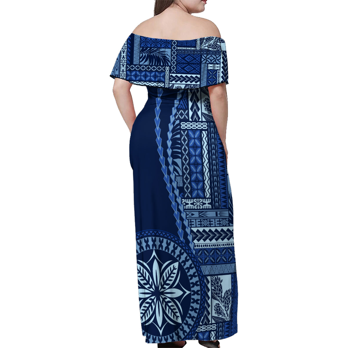 Samoa Siapo Motif Family Matching Off Shoulder Maxi Dress and Hawaiian Shirt Classic Style - Bue Ver LT7 - Wonder Print Shop