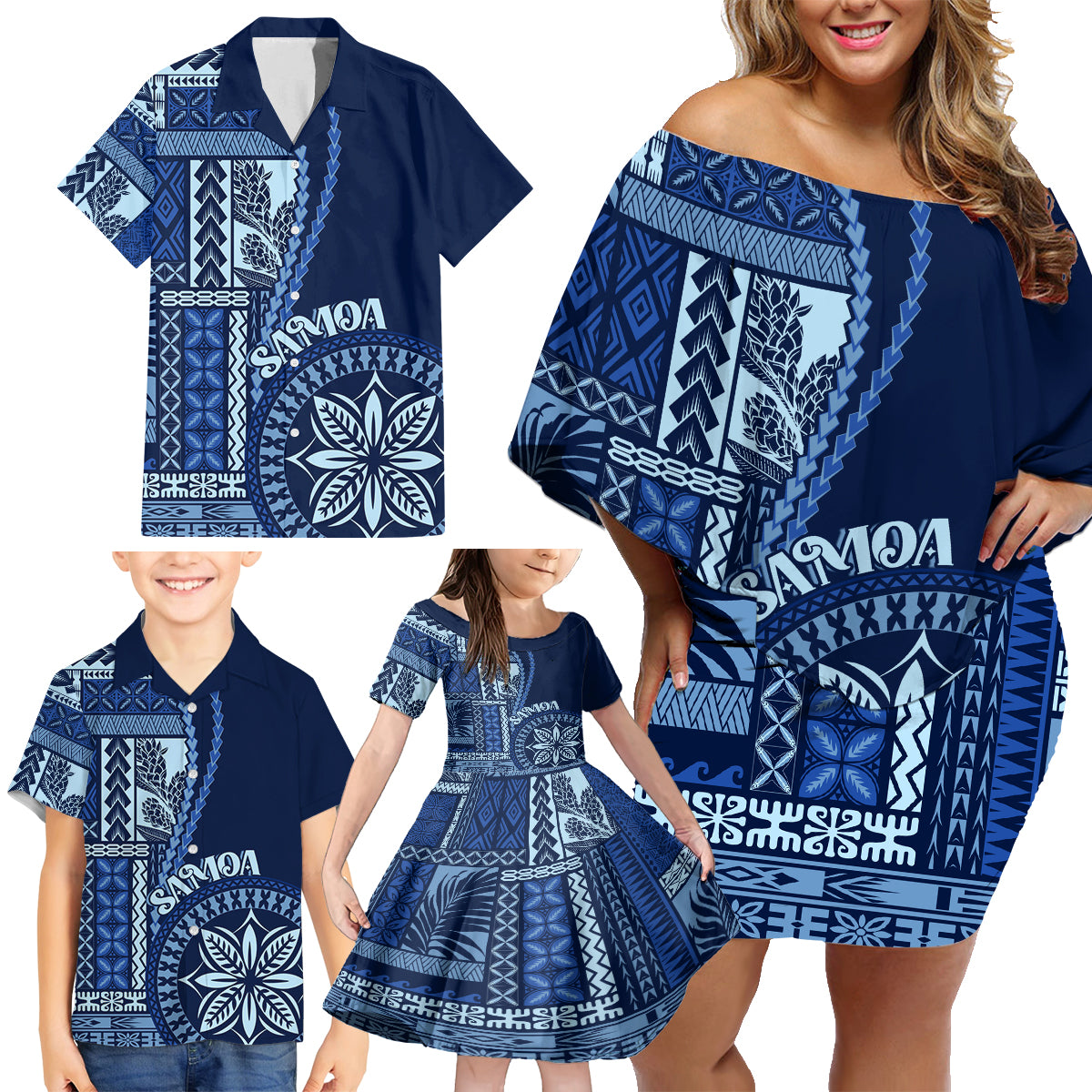 Samoa Siapo Motif Family Matching Off Shoulder Short Dress and Hawaiian Shirt Classic Style - Bue Ver LT7 - Wonder Print Shop