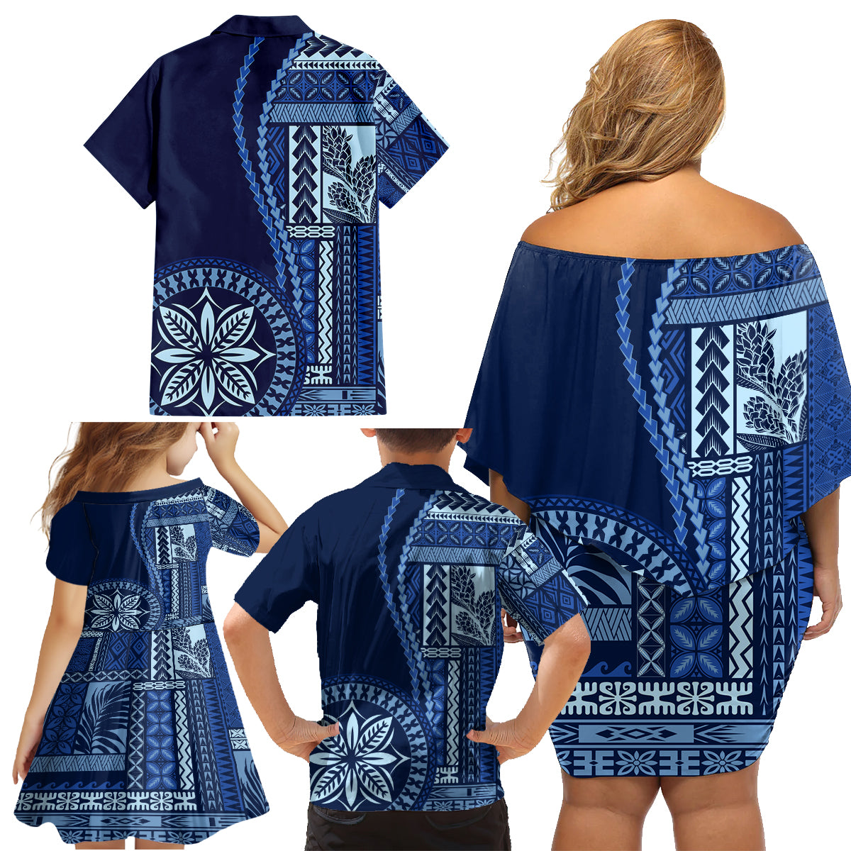 Samoa Siapo Motif Family Matching Off Shoulder Short Dress and Hawaiian Shirt Classic Style - Bue Ver LT7 - Wonder Print Shop