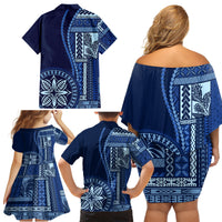 Samoa Siapo Motif Family Matching Off Shoulder Short Dress and Hawaiian Shirt Classic Style - Bue Ver LT7 - Wonder Print Shop