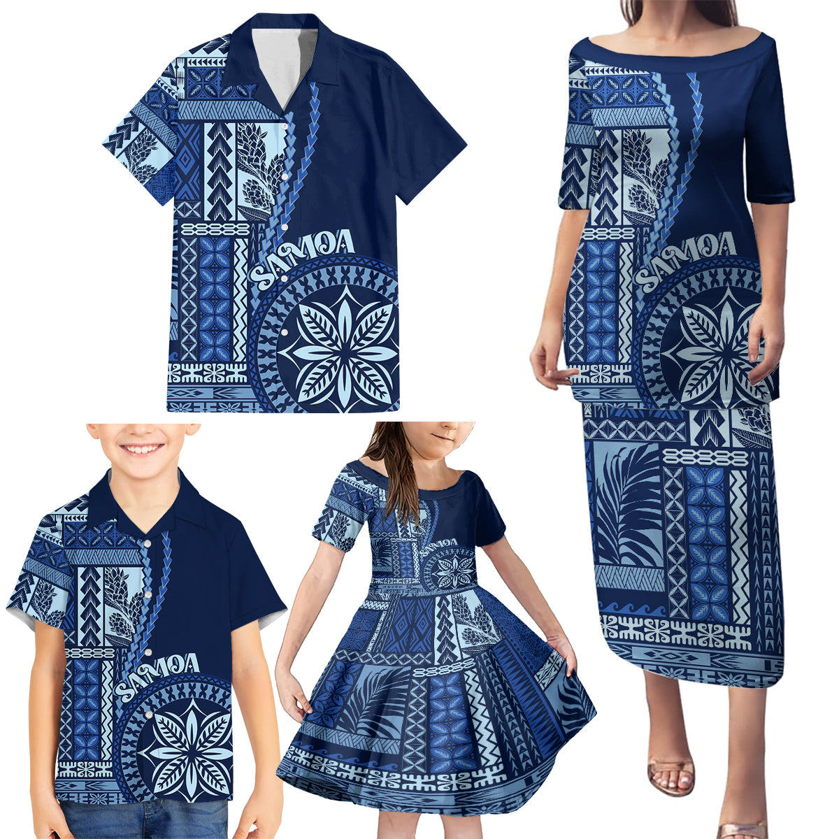 Samoa Siapo Motif Family Matching Puletasi Dress and Hawaiian Shirt Classic Style - Bue Ver - Wonder Print Shop