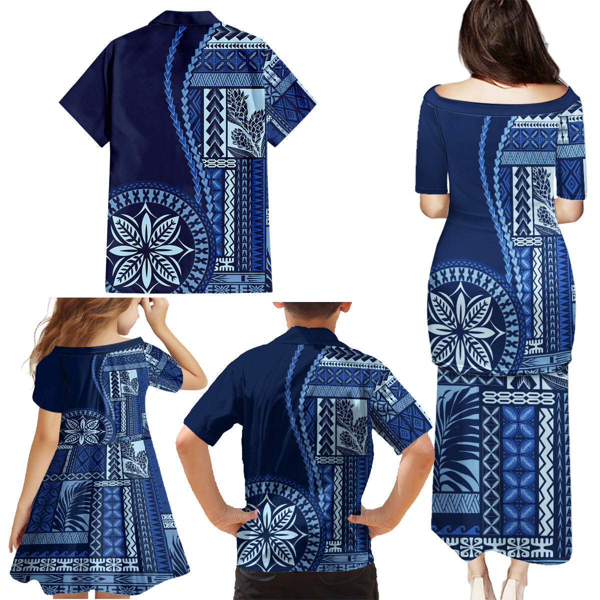 Samoa Siapo Motif Family Matching Puletasi Dress and Hawaiian Shirt Classic Style - Bue Ver - Wonder Print Shop