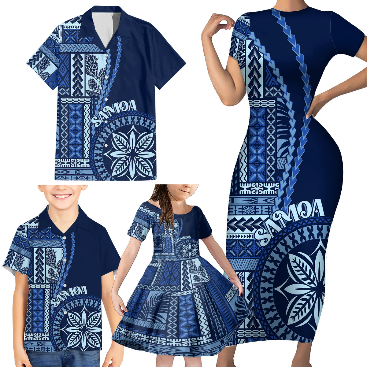 Samoa Siapo Motif Family Matching Short Sleeve Bodycon Dress and Hawaiian Shirt Classic Style - Bue Ver - Wonder Print Shop