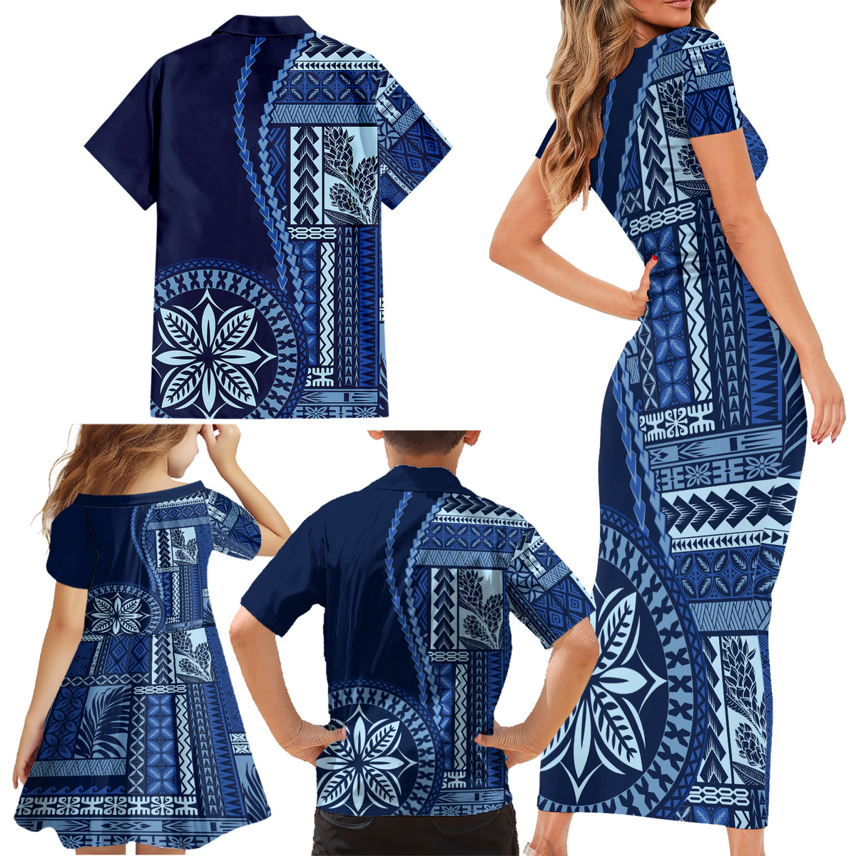 Samoa Siapo Motif Family Matching Short Sleeve Bodycon Dress and Hawaiian Shirt Classic Style - Bue Ver - Wonder Print Shop