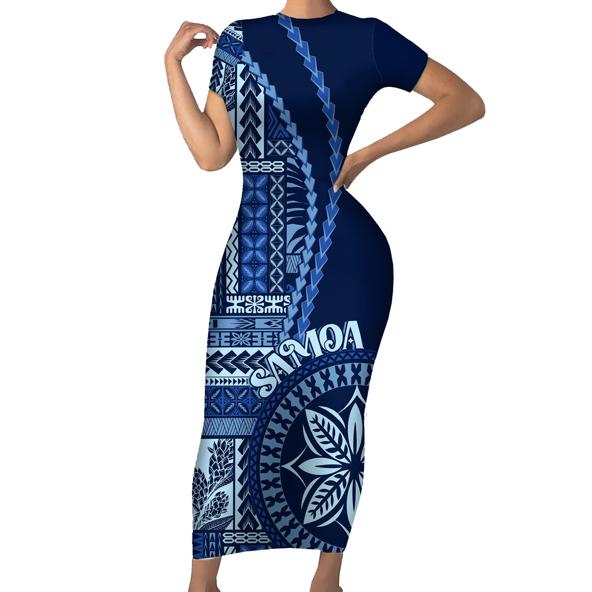 Samoa Siapo Motif Family Matching Short Sleeve Bodycon Dress and Hawaiian Shirt Classic Style - Bue Ver - Wonder Print Shop