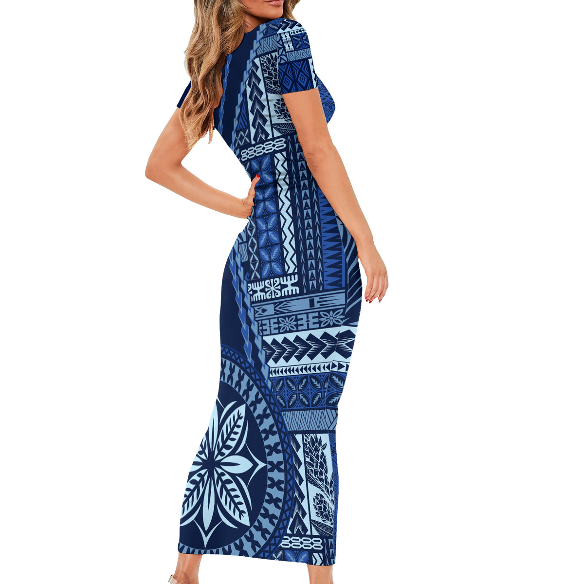 Samoa Siapo Motif Family Matching Short Sleeve Bodycon Dress and Hawaiian Shirt Classic Style - Bue Ver - Wonder Print Shop