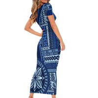 Samoa Siapo Motif Family Matching Short Sleeve Bodycon Dress and Hawaiian Shirt Classic Style - Bue Ver - Wonder Print Shop