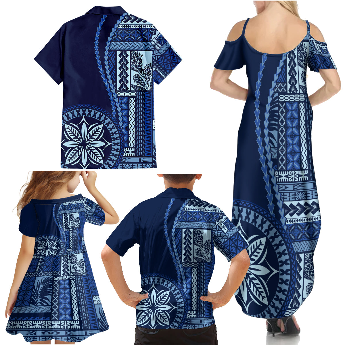 Samoa Siapo Motif Family Matching Summer Maxi Dress and Hawaiian Shirt Classic Style - Bue Ver - Wonder Print Shop