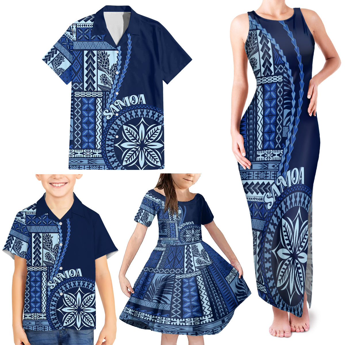 Samoa Siapo Motif Family Matching Tank Maxi Dress and Hawaiian Shirt Classic Style - Bue Ver - Wonder Print Shop