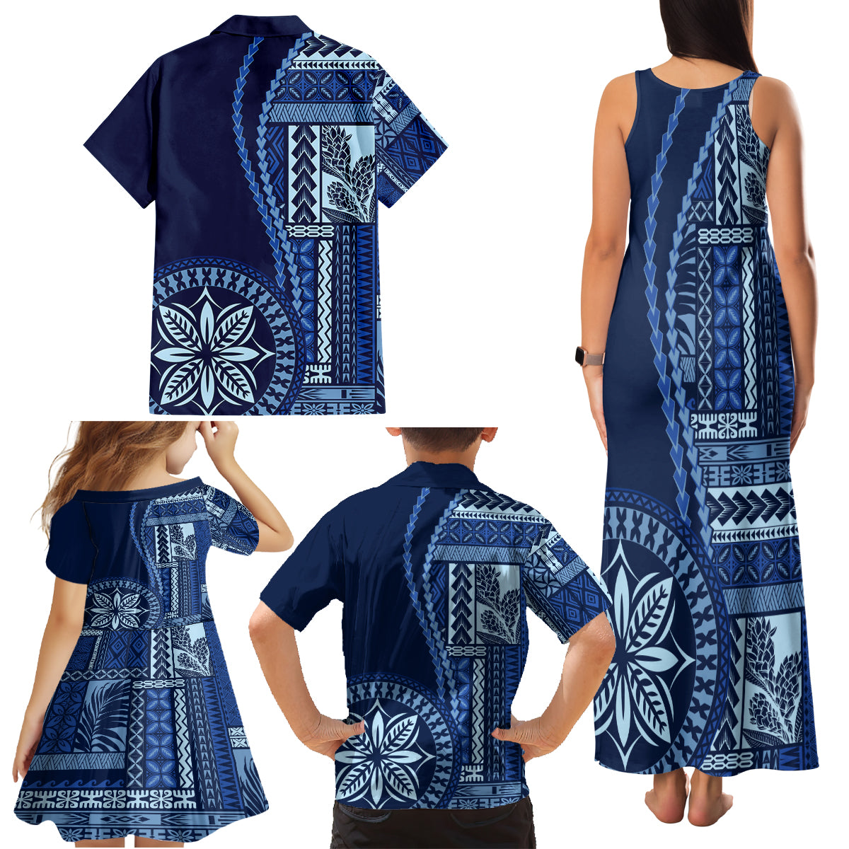 Samoa Siapo Motif Family Matching Tank Maxi Dress and Hawaiian Shirt Classic Style - Bue Ver - Wonder Print Shop