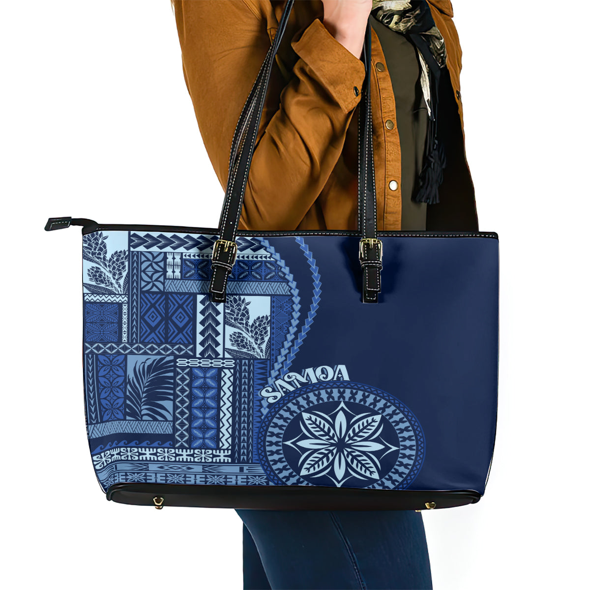 Samoa Siapo Motif Leather Tote Bag Classic Style - Bue Ver - Wonder Print Shop