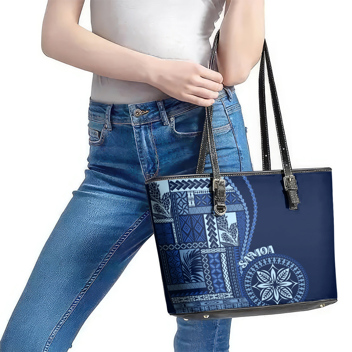 Samoa Siapo Motif Leather Tote Bag Classic Style - Bue Ver - Wonder Print Shop