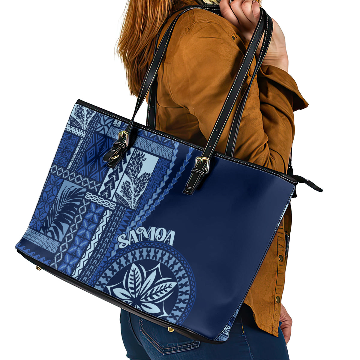 Samoa Siapo Motif Leather Tote Bag Classic Style - Bue Ver - Wonder Print Shop