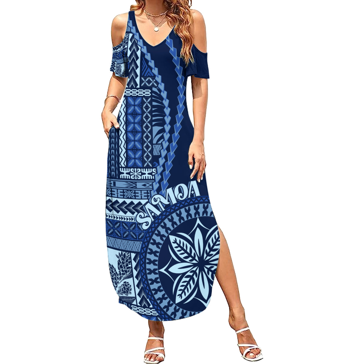 Samoa Siapo Motif Summer Maxi Dress Classic Style - Bue Ver - Wonder Print Shop
