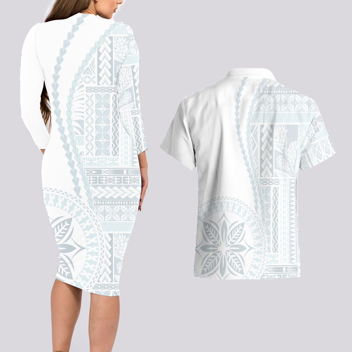 Samoa White Sunday Couples Matching Long Sleeve Bodycon Dress and Hawaiian Shirt Classic Siapo Style LT7 - Wonder Print Shop