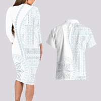 Samoa White Sunday Couples Matching Long Sleeve Bodycon Dress and Hawaiian Shirt Classic Siapo Style LT7 - Wonder Print Shop