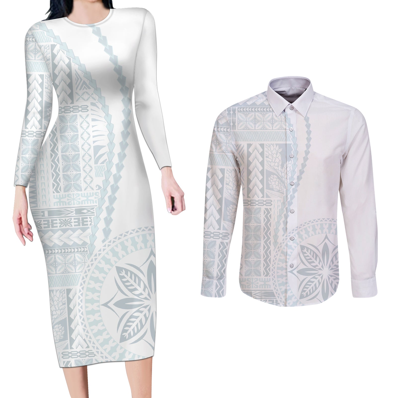 Samoa White Sunday Couples Matching Long Sleeve Bodycon Dress and Long Sleeve Button Shirt Classic Siapo Style LT7 - Wonder Print Shop