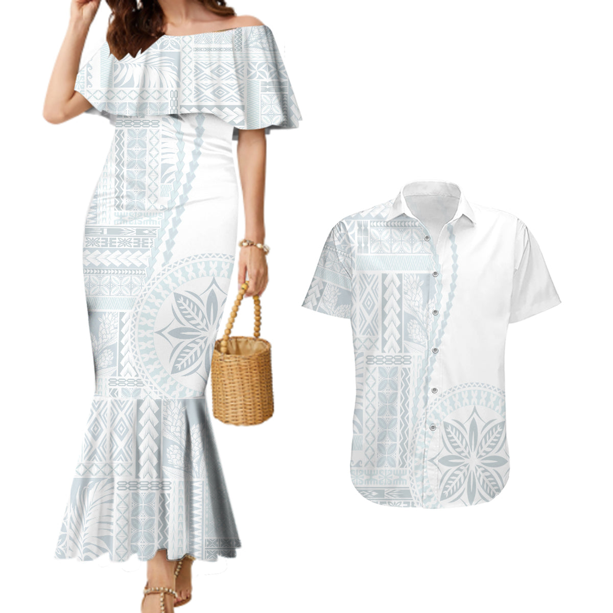 Samoa White Sunday Couples Matching Mermaid Dress and Hawaiian Shirt Classic Siapo Style LT7 - Wonder Print Shop