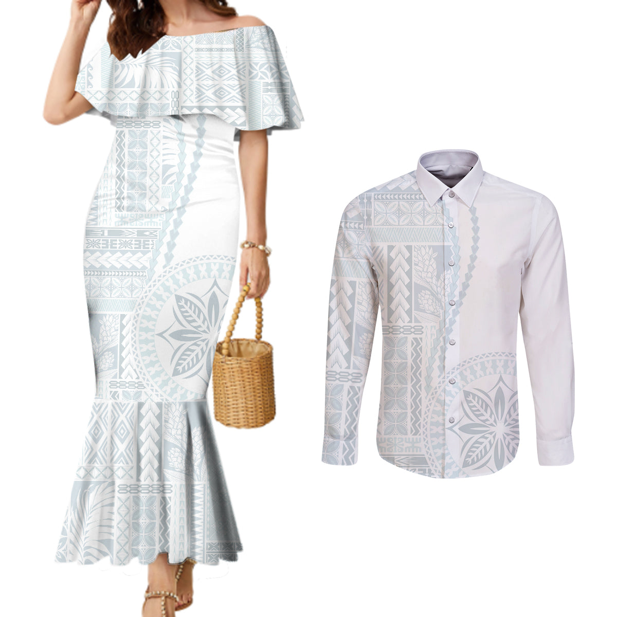samoa-white-sunday-couples-matching-mermaid-dress-and-long-sleeve-button-shirt-classic-siapo-style