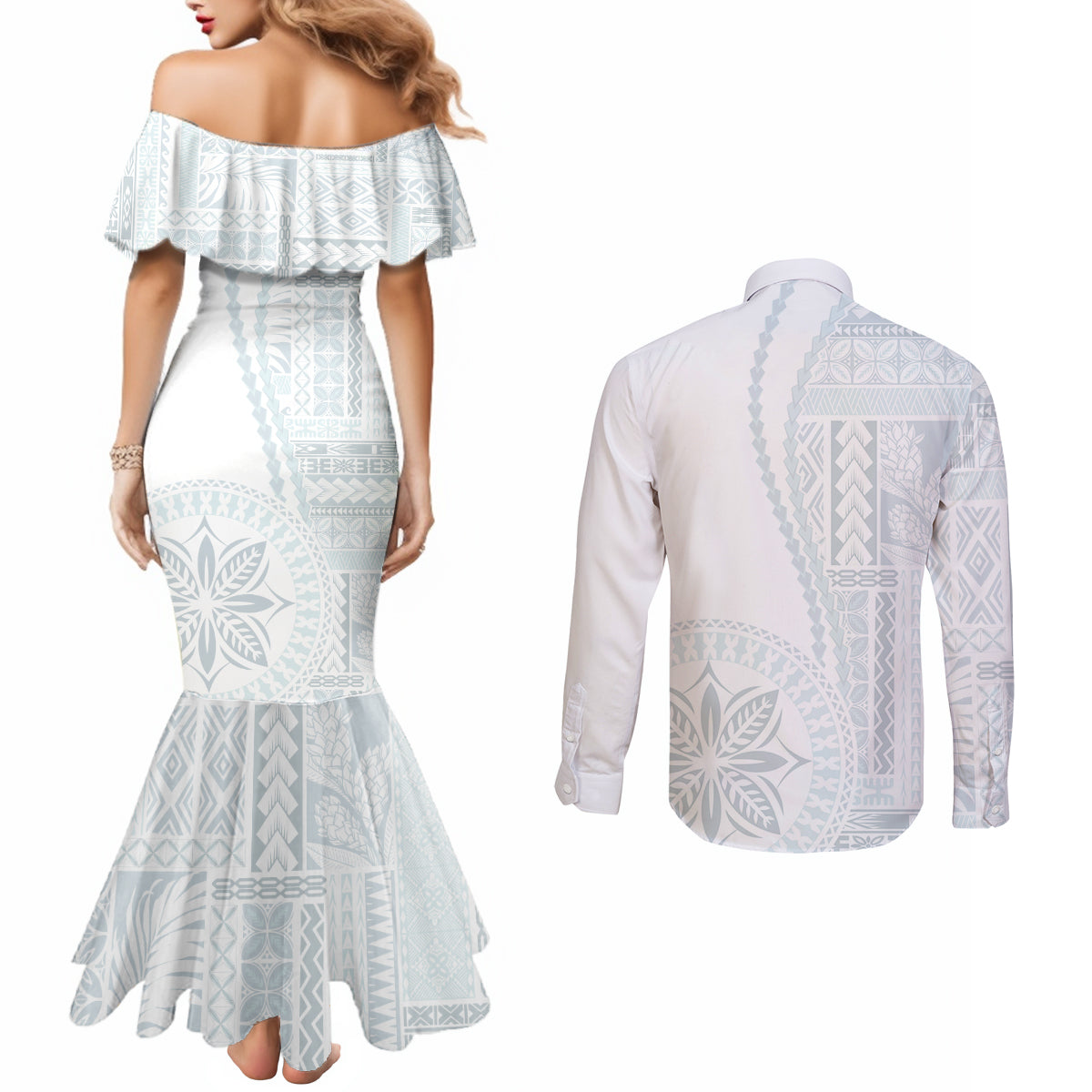 samoa-white-sunday-couples-matching-mermaid-dress-and-long-sleeve-button-shirt-classic-siapo-style