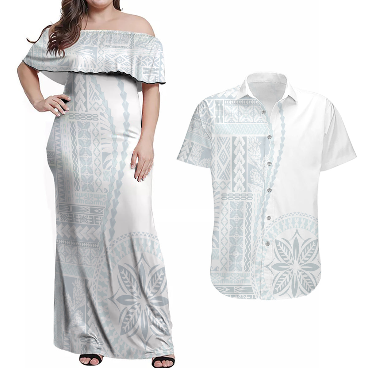 Samoa White Sunday Couples Matching Off Shoulder Maxi Dress and Hawaiian Shirt Classic Siapo Style LT7 - Wonder Print Shop
