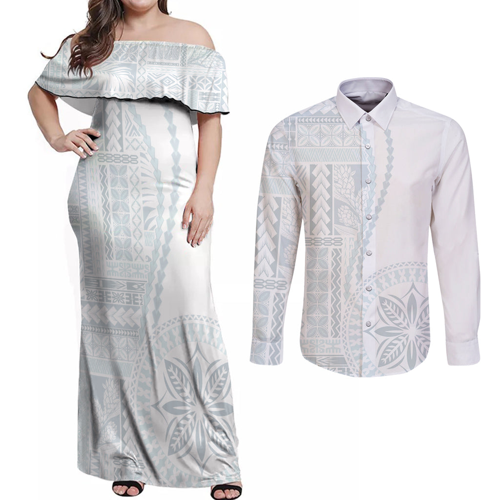Samoa White Sunday Couples Matching Off Shoulder Maxi Dress and Long Sleeve Button Shirt Classic Siapo Style LT7 - Wonder Print Shop