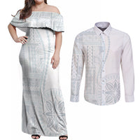 Samoa White Sunday Couples Matching Off Shoulder Maxi Dress and Long Sleeve Button Shirt Classic Siapo Style LT7 - Wonder Print Shop