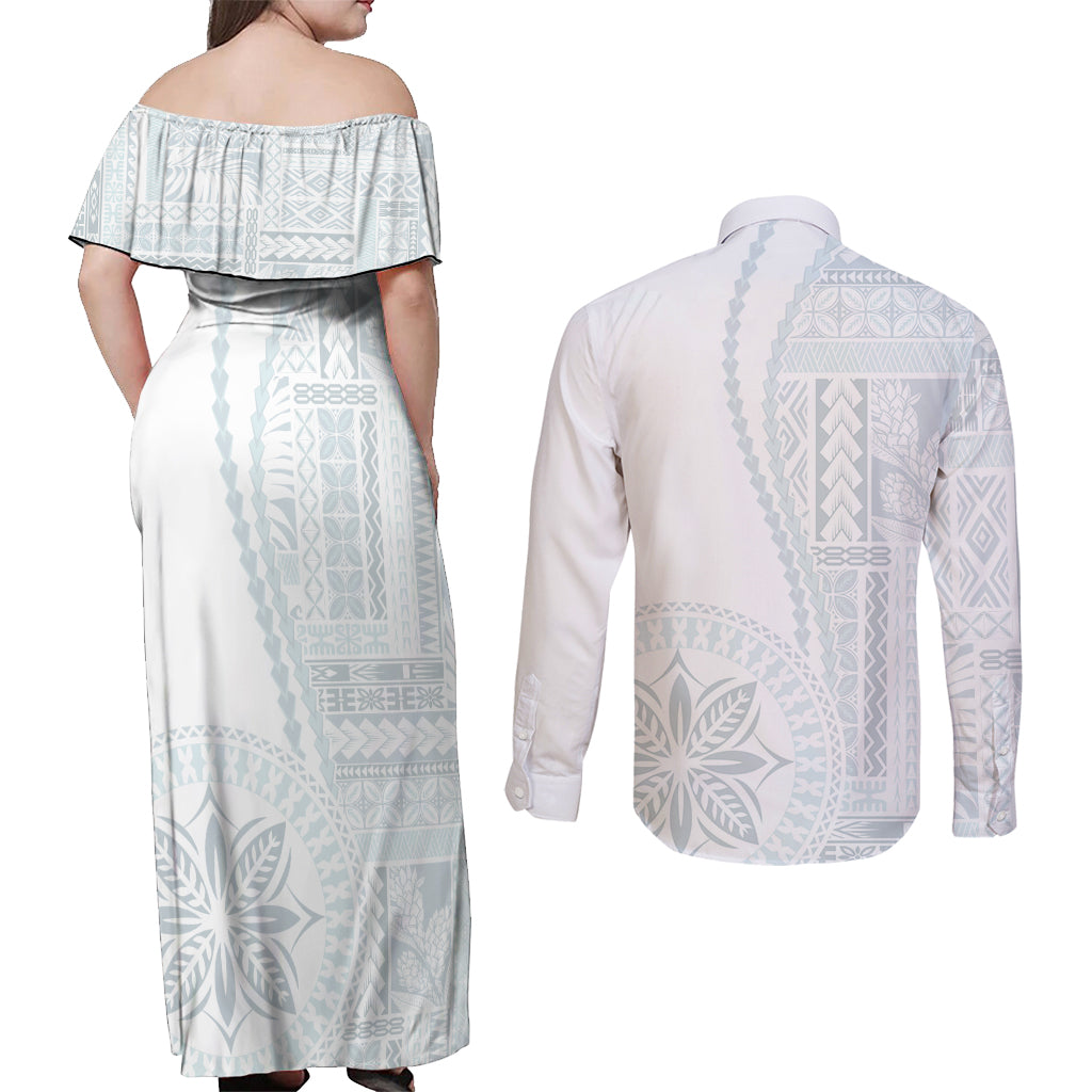 Samoa White Sunday Couples Matching Off Shoulder Maxi Dress and Long Sleeve Button Shirt Classic Siapo Style LT7 - Wonder Print Shop