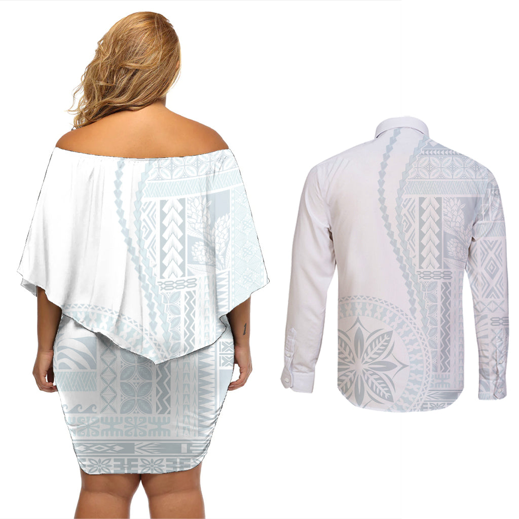 Samoa White Sunday Couples Matching Off Shoulder Short Dress and Long Sleeve Button Shirt Classic Siapo Style LT7 - Wonder Print Shop