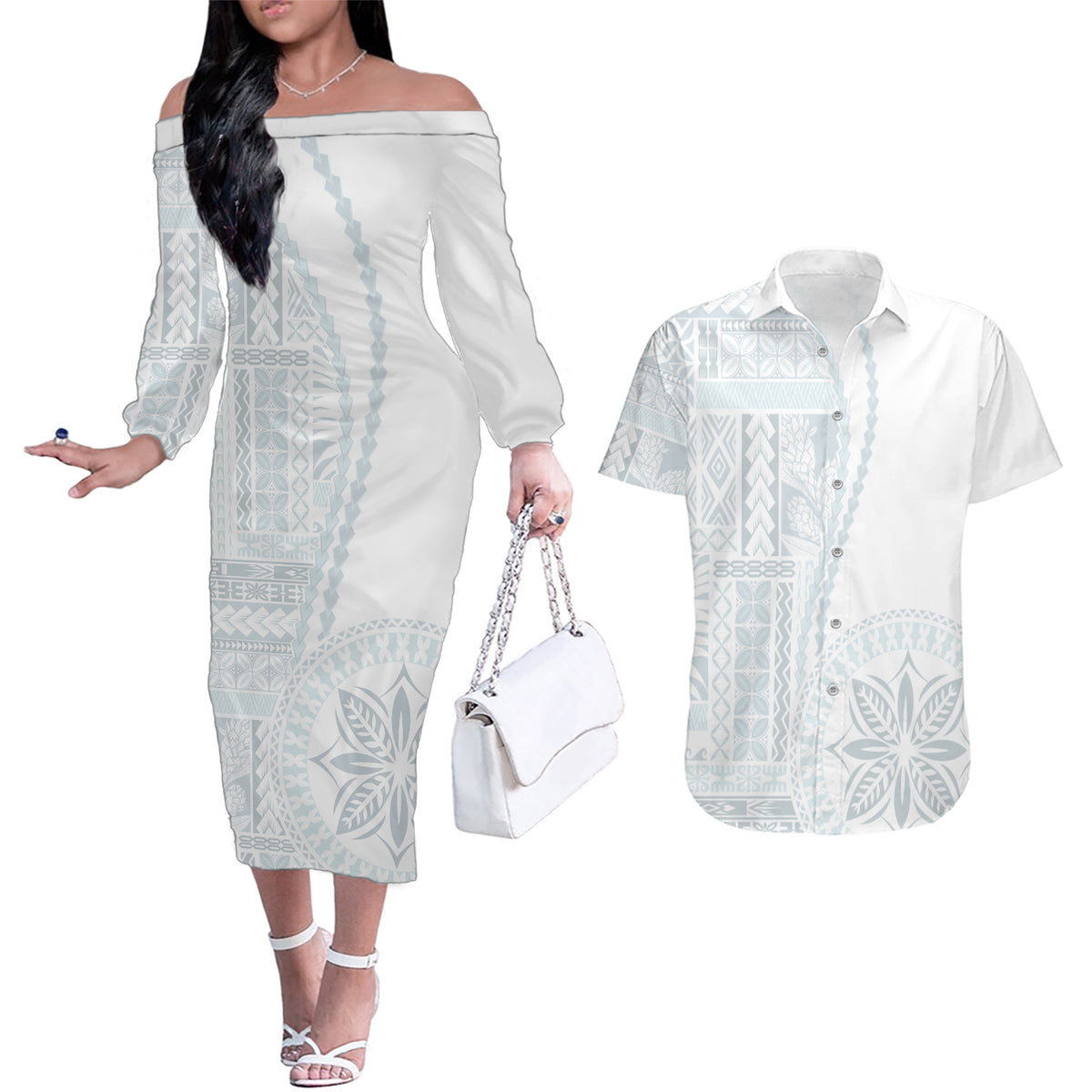 Samoa White Sunday Couples Matching Off The Shoulder Long Sleeve Dress and Hawaiian Shirt Classic Siapo Style LT7 - Wonder Print Shop