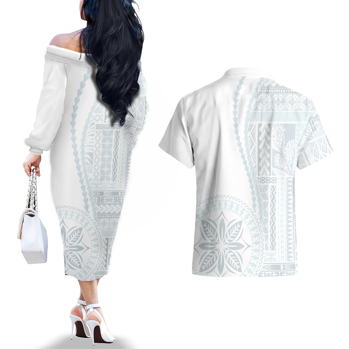 Samoa White Sunday Couples Matching Off The Shoulder Long Sleeve Dress and Hawaiian Shirt Classic Siapo Style LT7 - Wonder Print Shop