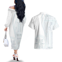 Samoa White Sunday Couples Matching Off The Shoulder Long Sleeve Dress and Hawaiian Shirt Classic Siapo Style LT7 - Wonder Print Shop