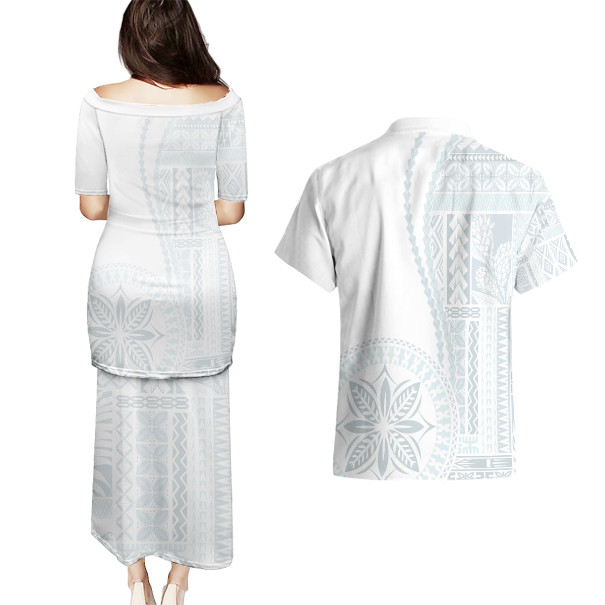 Samoa White Sunday Couples Matching Puletasi Dress and Hawaiian Shirt Classic Siapo Style LT7 - Wonder Print Shop