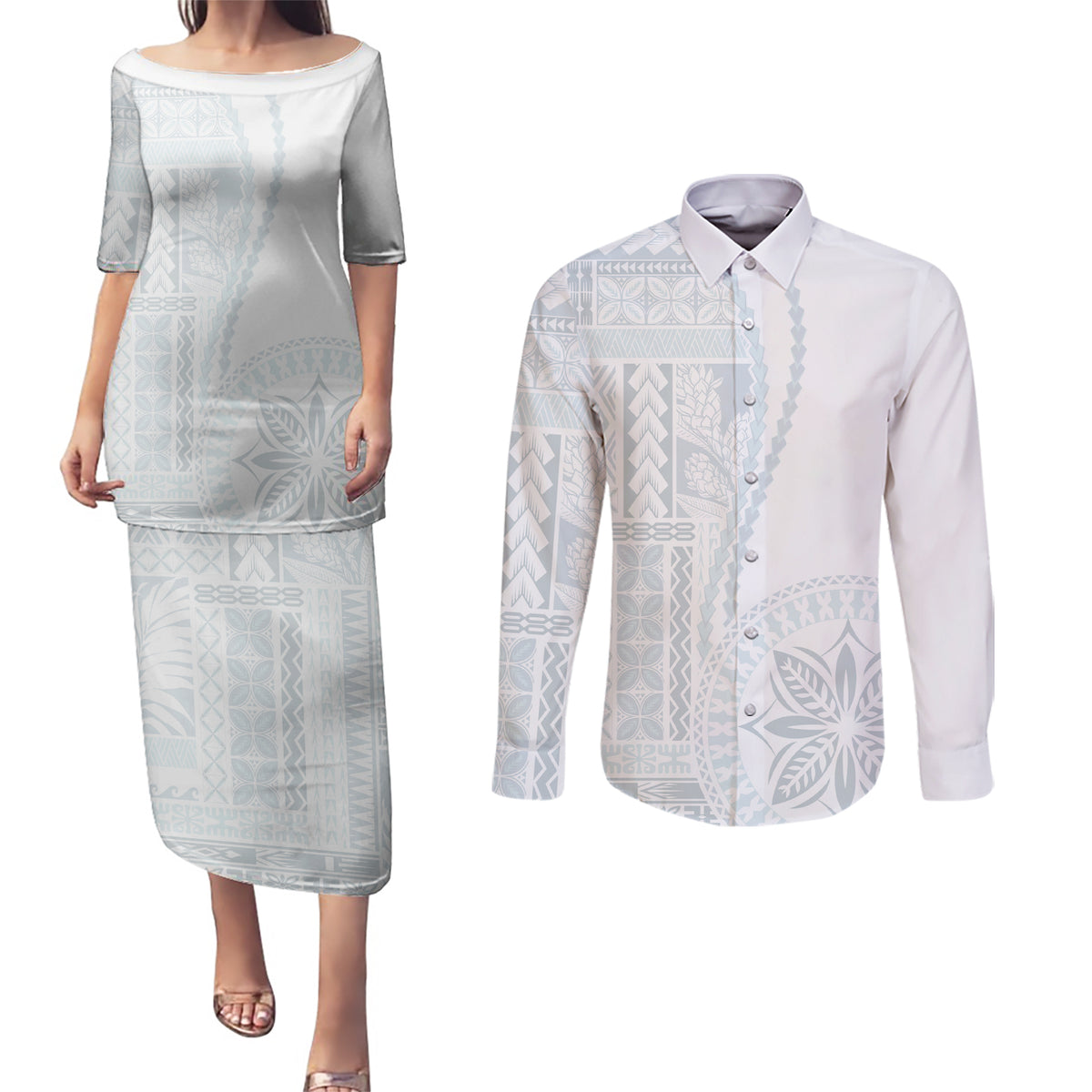 Samoa White Sunday Couples Matching Puletasi Dress and Long Sleeve Button Shirt Classic Siapo Style LT7 - Wonder Print Shop