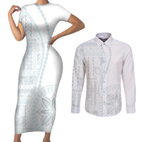 Samoa White Sunday Couples Matching Short Sleeve Bodycon Dress and Long Sleeve Button Shirt Classic Siapo Style LT7 - Wonder Print Shop