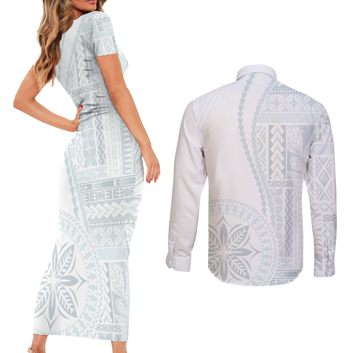 Samoa White Sunday Couples Matching Short Sleeve Bodycon Dress and Long Sleeve Button Shirt Classic Siapo Style LT7 - Wonder Print Shop