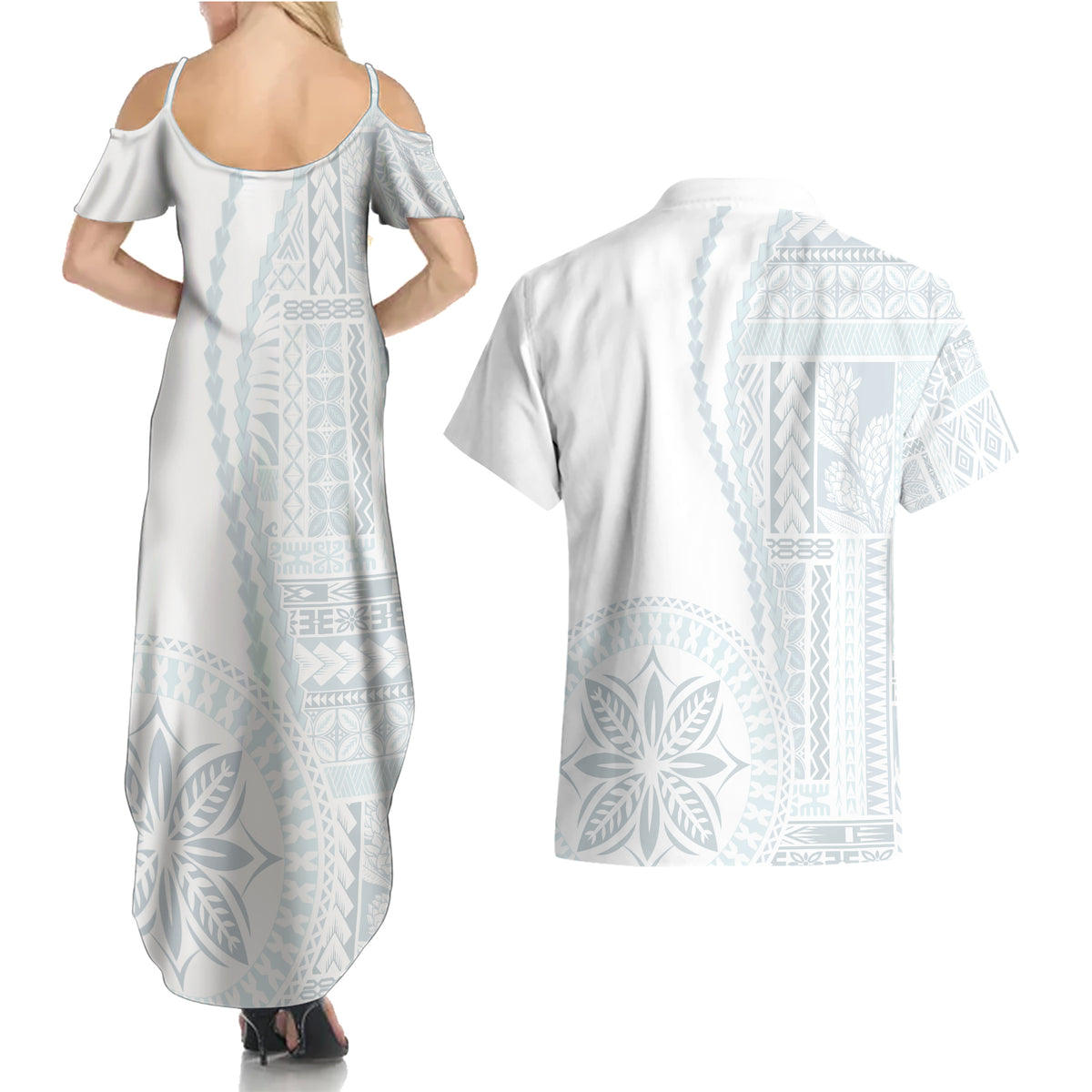 Samoa White Sunday Couples Matching Summer Maxi Dress and Hawaiian Shirt Classic Siapo Style LT7 - Wonder Print Shop