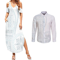 Samoa White Sunday Couples Matching Summer Maxi Dress and Long Sleeve Button Shirt Classic Siapo Style LT7 - Wonder Print Shop
