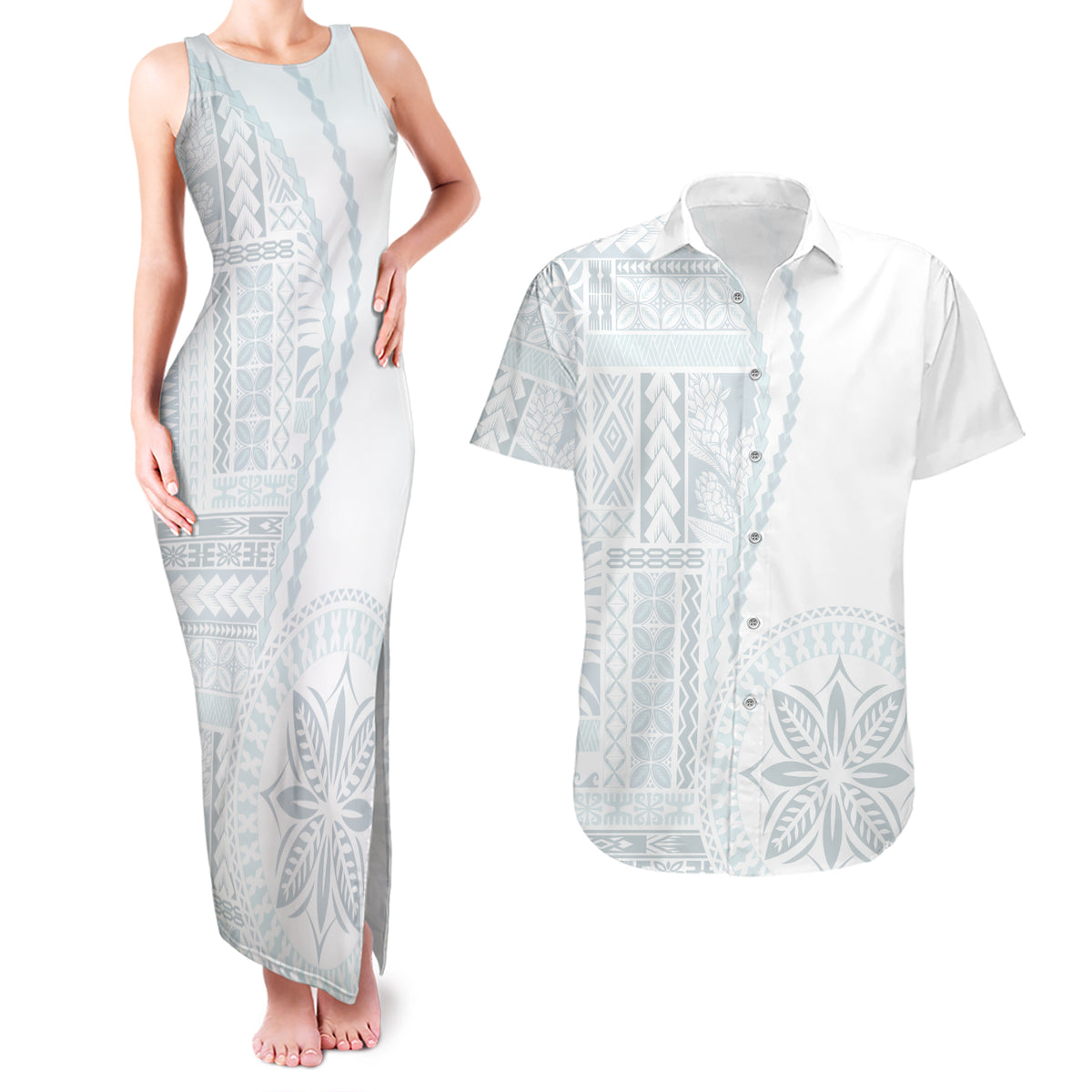 Samoa White Sunday Couples Matching Tank Maxi Dress and Hawaiian Shirt Classic Siapo Style LT7 - Wonder Print Shop