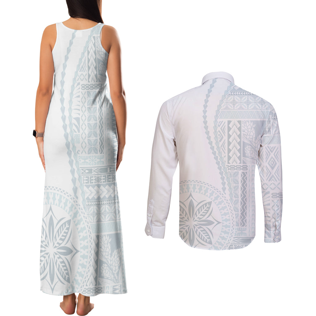 Samoa White Sunday Couples Matching Tank Maxi Dress and Long Sleeve Button Shirt Classic Siapo Style LT7 - Wonder Print Shop
