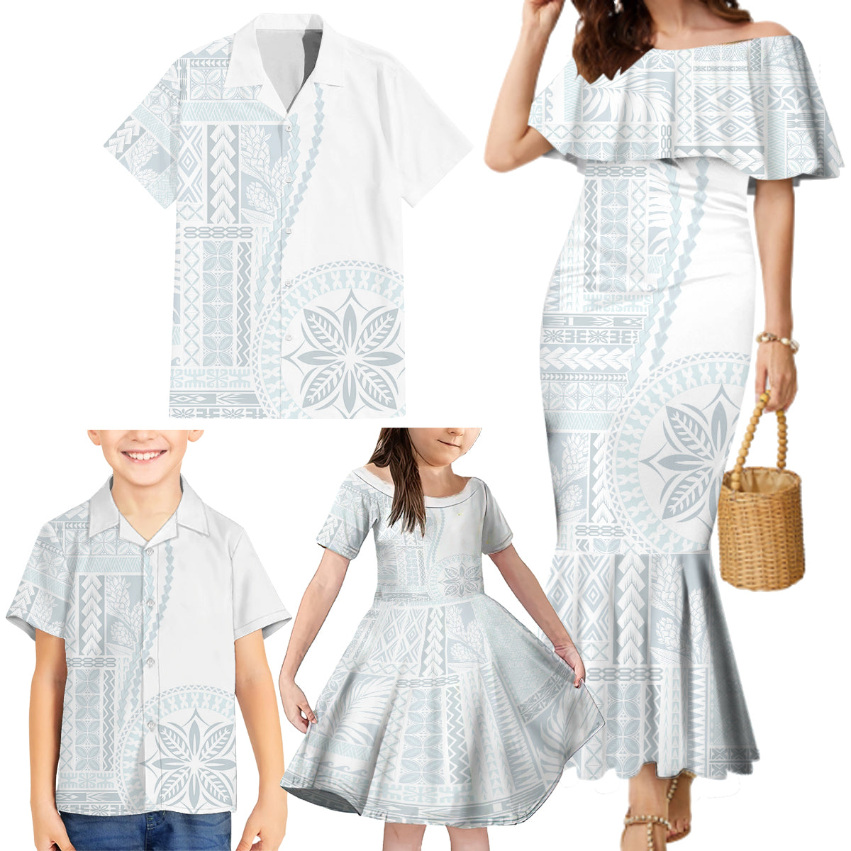 Samoa White Sunday Family Matching Mermaid Dress and Hawaiian Shirt Classic Siapo Style LT7 - Wonder Print Shop