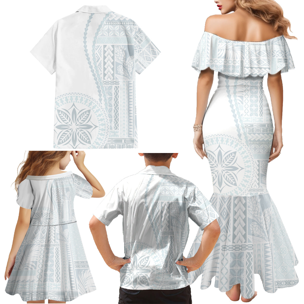 Samoa White Sunday Family Matching Mermaid Dress and Hawaiian Shirt Classic Siapo Style LT7 - Wonder Print Shop
